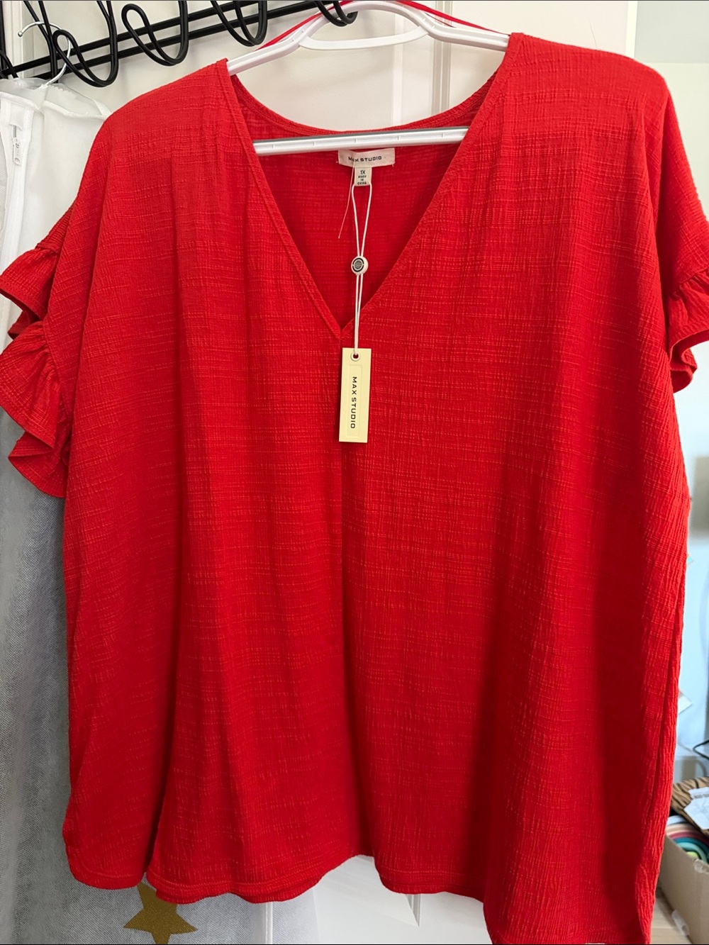 Max Studio Bright Red/Orange V-Neck Ruffle Sleeve Tunic
